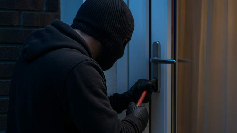 Masked burglar attempting to break into a residential property at night, highlighting home security risks for landlords