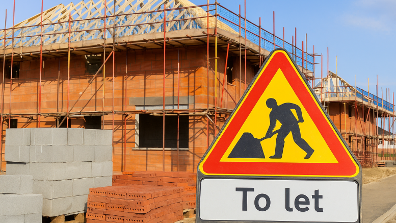 Construction site with scaffolding and “to let” sign in front of partially built house