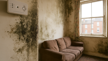 Poorly maintained living room with visible damp, peeling paint, and exposed wiring, illustrating Category 1 hazard risks in rented properties