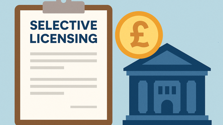 Illustration of a selective licensing document with a pound coin and government building, representing landlord fees and council charges