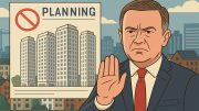 Illustrated graphic of a stern middle-aged man in a suit and red tie raising his hand in objection, with a planning poster showing four tall residential towers behind a red ‘no’ symbol, set against a cityscape background.