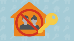 Illustration of a house with two people inside, a prohibition sign over it, and a key symbol, representing unauthorised tenant subletting.
