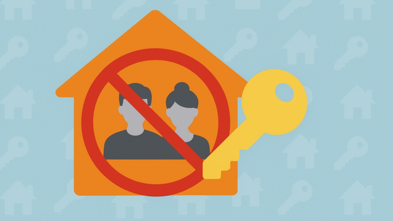 Illustration of a house with two people inside, a prohibition sign over it, and a key symbol, representing unauthorised tenant subletting.
