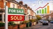UK terraced houses on a residential street with property sale signage