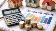 UK buy-to-let rental yields shown at 7.7% alongside model homes and financial data