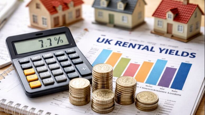UK buy-to-let rental yields shown at 7.7% alongside model homes and financial data