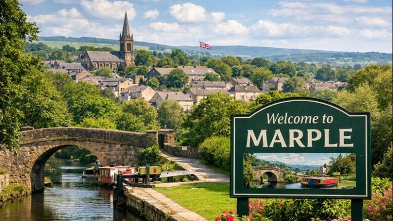 View of Marple in Greater Manchester with canal, stone bridge and town centre
