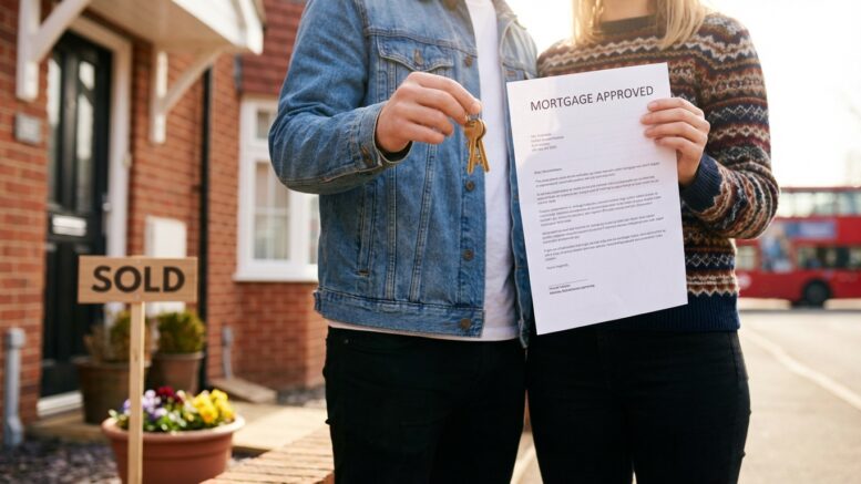 First-time buyers with keys and mortgage approval outside new home