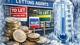 UK letting agent shopfront with multiple “To Let” signs, overlaid with stacked coins and a frozen thermometer graphic to suggest frozen rental or interest rates.