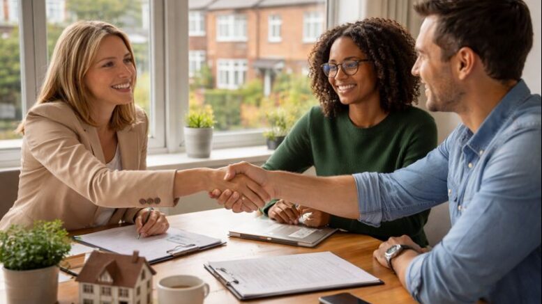Two professionals shaking hands across a table during a meeting in a modern office, with paperwork on the desk and British residential houses visible through the window, conveying collaboration between a housing charity and a private landlord.