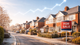 Modern British suburban street with semi-detached houses and a “For Sale” sign, overlaid with an upward-trending graph in the sky to suggest rising house prices.