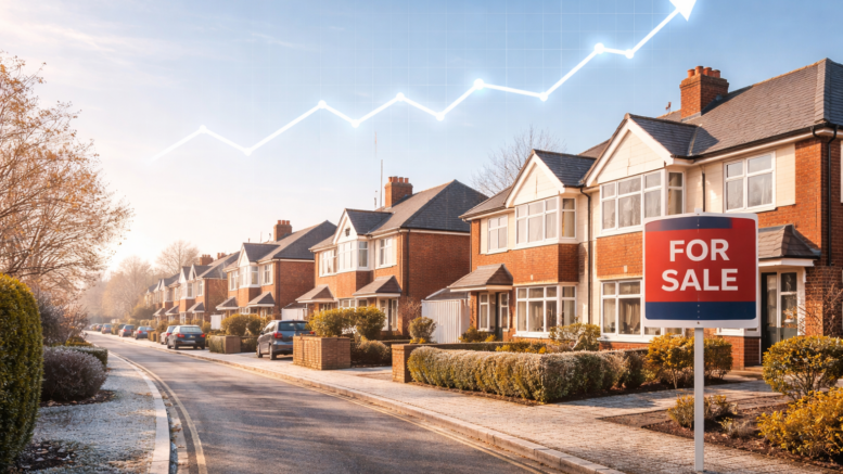 Modern British suburban street with semi-detached houses and a “For Sale” sign, overlaid with an upward-trending graph in the sky to suggest rising house prices.
