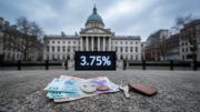 Bank of England building with British polymer banknotes, coins and mortgage document, 3.75% interest rate display, UK base rate decision