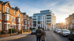 Couple viewing residential investment properties on British street