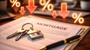 Close-up of mortgage documents on a desk with house keys and a pen, overlaid with percentage symbols and downward arrows to represent falling mortgage rates.