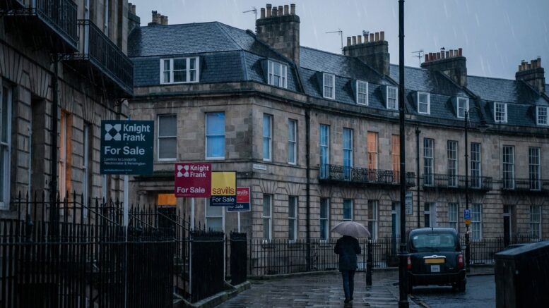Westminster townhouses with For Sale signs in winter rain