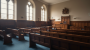 Empty British courtroom with wooden benches