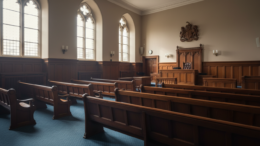 Empty British courtroom with wooden benches