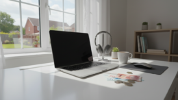 Laptop computer on desk in bright home office
