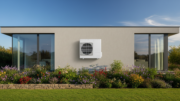 Heat pump on modern British home exterior
