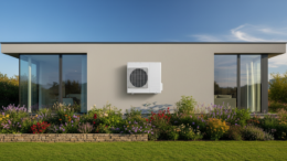 Heat pump on modern British home exterior