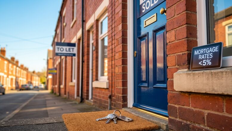 British terraced house with SOLD sign and To Let board