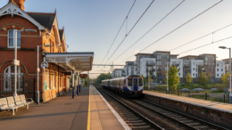 UK commuter station platform with suburban housing