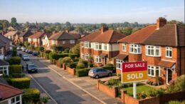 Aerial view of a British suburban street with red-brick semi-detached and terraced houses, green front gardens, and a “Sold” sign outside one home under clear morning skies.