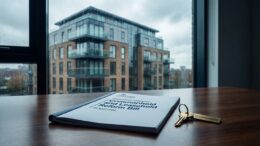 Commonhold reform document and key in front of new-build flats.