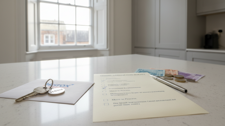 Tenant satisfaction survey with positive ratings and house keys