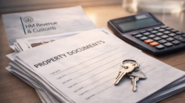 Stacked property documents on a desk with house keys and a calculator, with an HMRC letter visible in soft focus under natural window light.