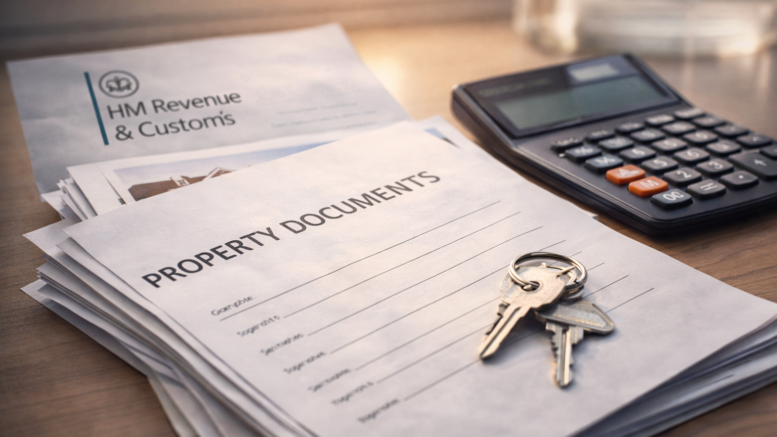 Stacked property documents on a desk with house keys and a calculator, with an HMRC letter visible in soft focus under natural window light.