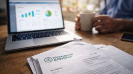 Professional photo of an opened HMRC letter on a kitchen table beside a laptop displaying accounting software, with a landlord’s hands holding a coffee cup in soft morning light.