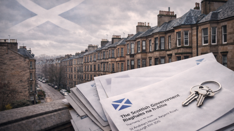 Scottish tenement buildings on an overcast day, with a subtle Saltire flag in the sky and government correspondence letters in the foreground, suggesting housing policy in Scotland.