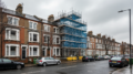 British terraced houses with construction scaffolding