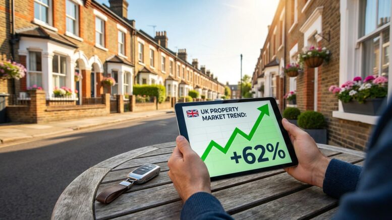 Tablet showing 62% optimism on a sunny UK residential street with terraced houses, symbolizing landlord confidence