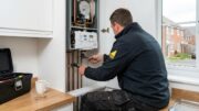 Plumber repairing boiler in UK rental property