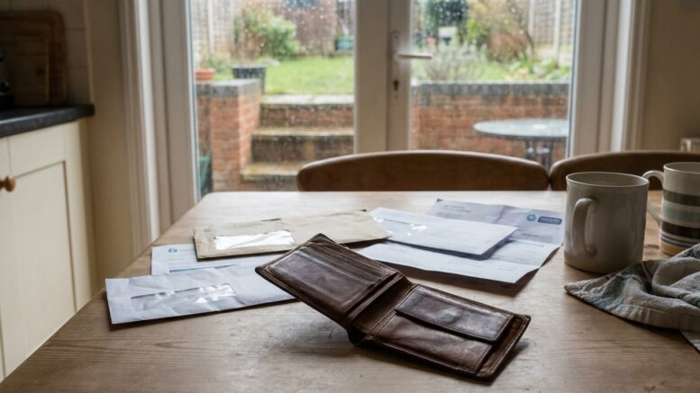 Empty wallet with household bills on kitchen table