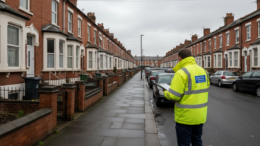 Council enforcement officer inspecting terraced houses