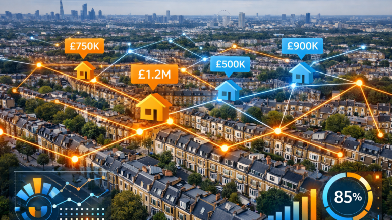 Aerial view of London residential streets with data visualisation overlay showing property markers and connection lines, modern infographic style, blue and orange accent colours