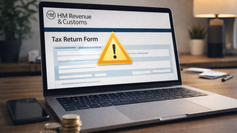 Laptop displaying an HMRC tax return form with a warning symbol, alongside British pound coins and a smartphone on a modern home office desk.