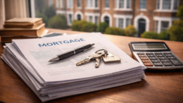 Professional editorial photograph of a stack of mortgage documents and a calculator on a wooden desk, with British terraced houses visible through a window in the background under warm natural light.