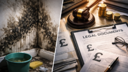 Split image showing severe damp and mould spreading across an interior wall on one side, contrasted with legal documents, a gavel, and pound signs on the other, symbolising the legal and financial consequences of housing disrepair.