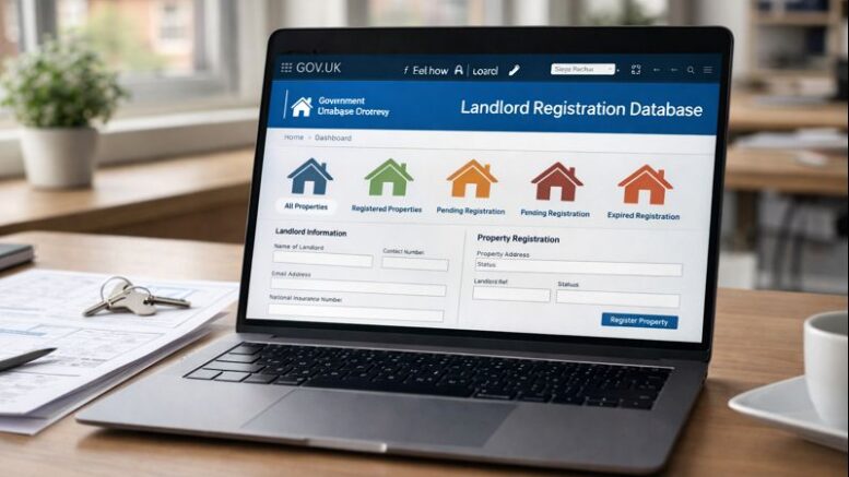 Laptop displaying a landlord registration portal on a desk with paperwork and house keys in a modern office.