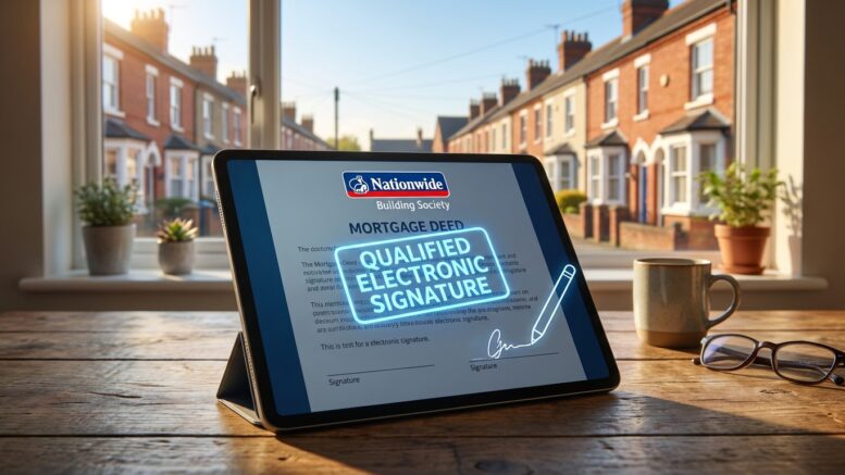 Tablet showing electronic signature on a mortgage deed, house in background