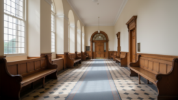 British county court corridor with wooden benches