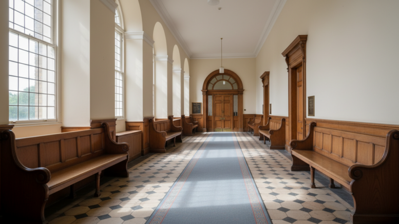 British county court corridor with wooden benches