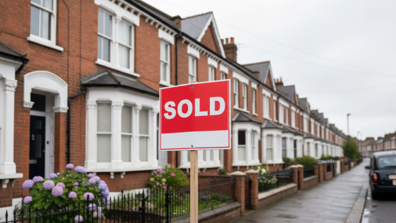 Row of UK terraced houses with sold sign