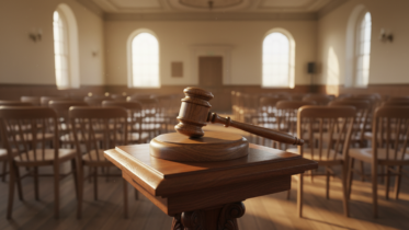 Auctioneer gavel on wooden block in auction room