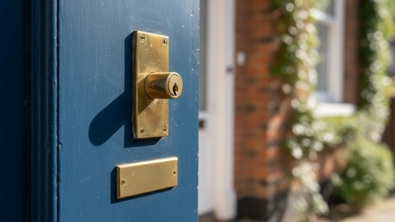 Brass door lock on blue painted Georgian door